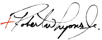 The handwritten signature of Robert Warren Lyons, Jr., a small red cross preceding the name