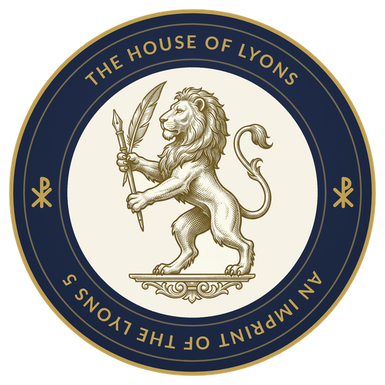 The seal of The House of Lyons: a rampant lion holding a quill, in gold on a navy ring reading An Imprint of The Lyons 5