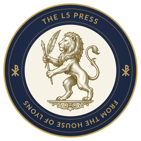 The seal of The L5 Press: the same rampant lion and quill, in gold on a navy ring reading From The House of Lyons